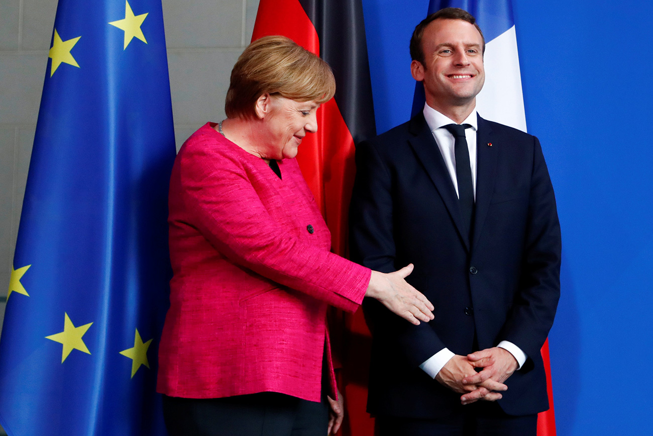 La cancelliera tedesca Angela Merkel e il Presidente francese Emmanuel Macron&nbsp;al termine della conferenza stampa a Berlino, Germania. 15 maggio 2017\n