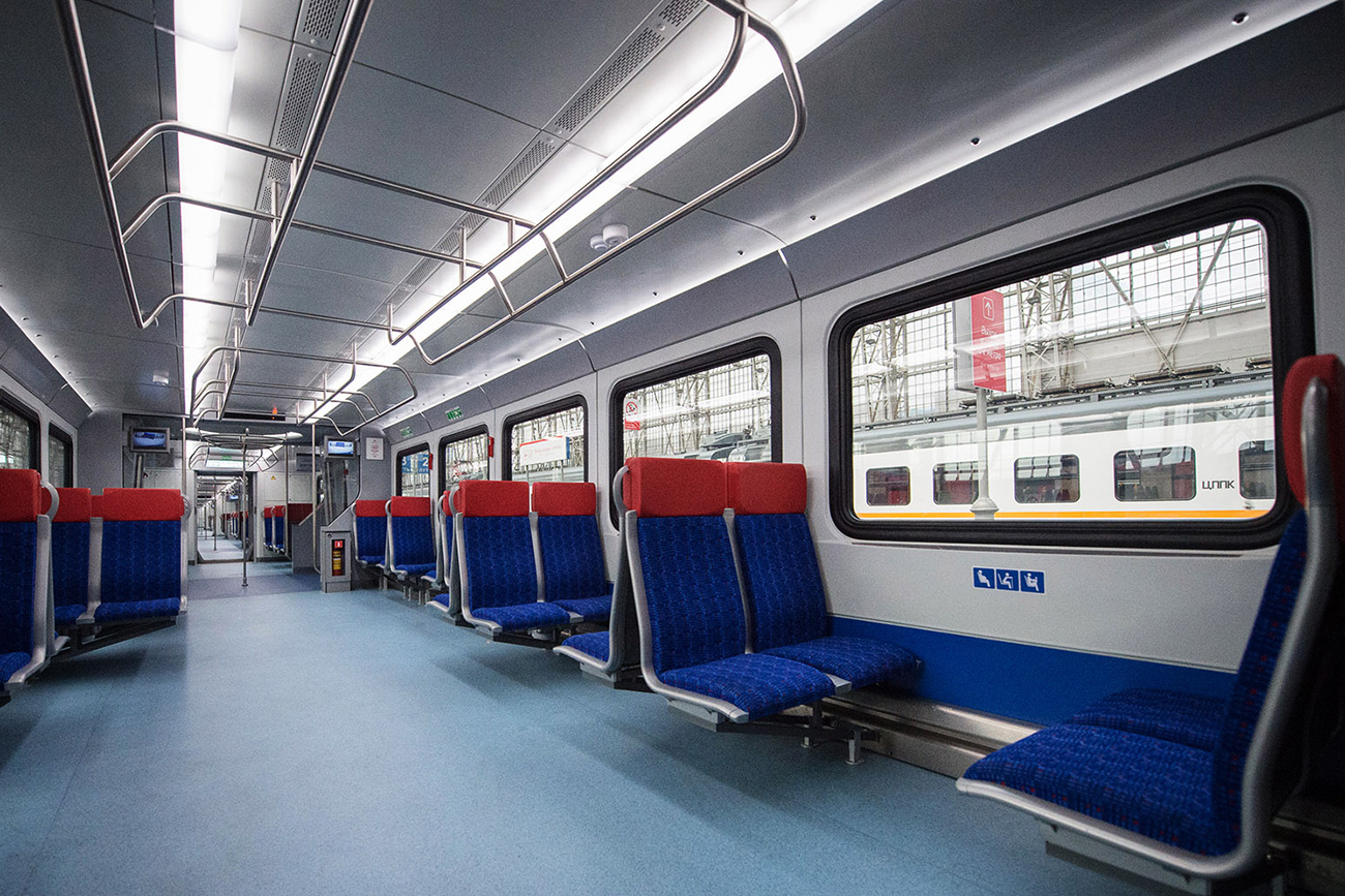 Inside new suburban trains which start departing from the Moscow Kiyevskaya railway station. / Evgeniy Samarin / RIA Novosti