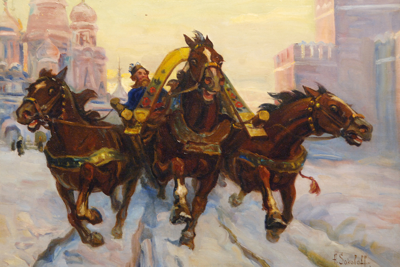 Alexander Sokolov 'By Troika on Red Square. Old Rus,' 1960. 23rd Russian Antique Salon in the Central House of Artists in Moscow. Source: Sergey Pyatakov/RIA Novosti