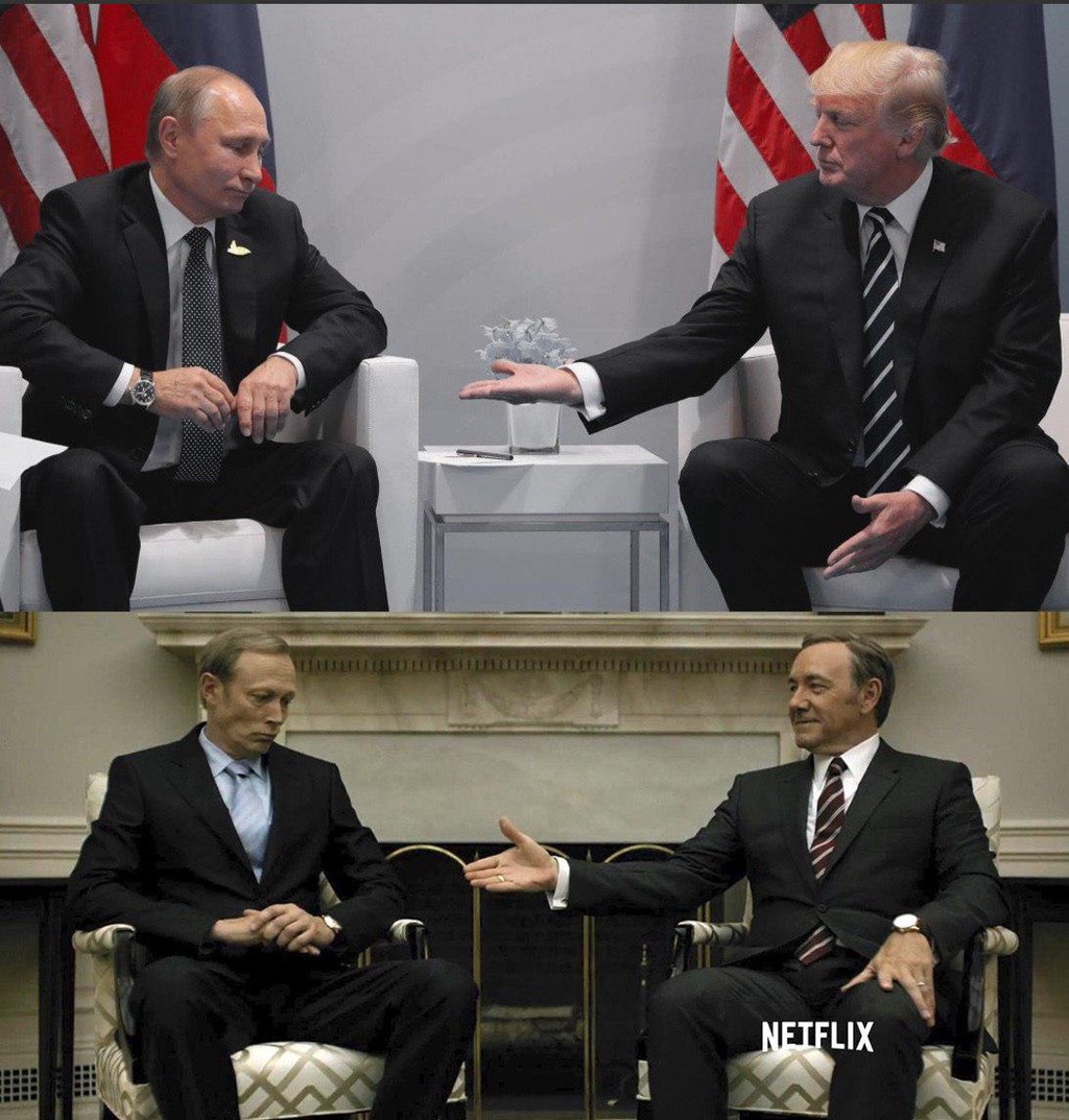 Pertemuan Putin-Trump disandingkan dengan salah satu adegan dalam serial "House of Cards". Sumber: Telegram