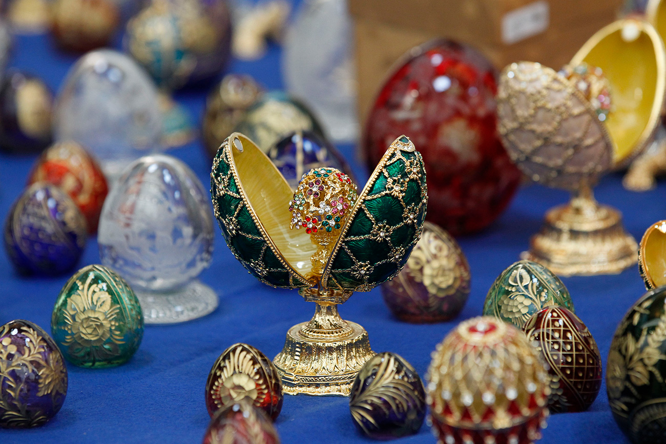 A close-up of some of the counterfeit Faberge eggs originating from Russia seized by French customs agents at the Roissy Airport. Source: AP