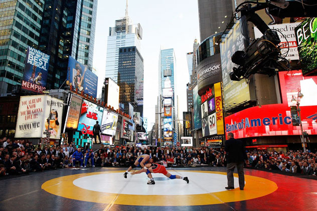 NEW YORK - MAY 05: A general view of USA vs Russia freestyle wrestling during the 2011 'Beat The Street' Gala on May 5, 2011 in Times Square, New York City. (Photo by Mike Stobe/Getty Images