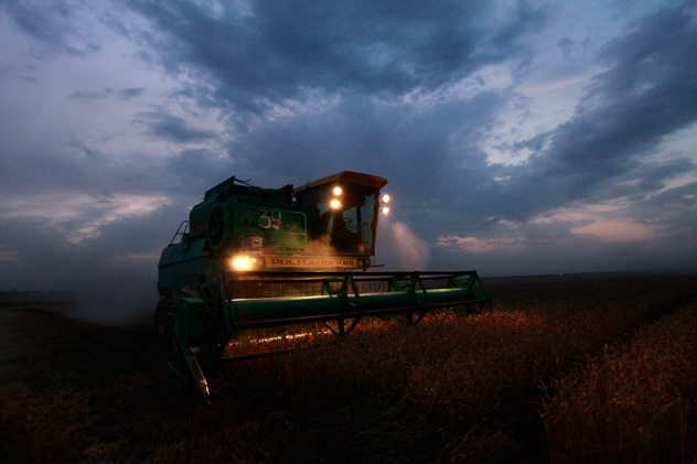 An employee operates a combine to harvest wheat at a field near the village of Konstantinovskoye