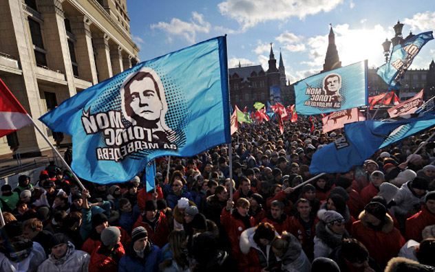 The pro-Kremlin youth movement Nashi rallies to celebrate the United Russia party's winning the elections to the State Duma and to protect the results of the vote. The day before the protesters  took over central Moscow, claiming that the results of the elections had been falsified. Source: RIA Novosti