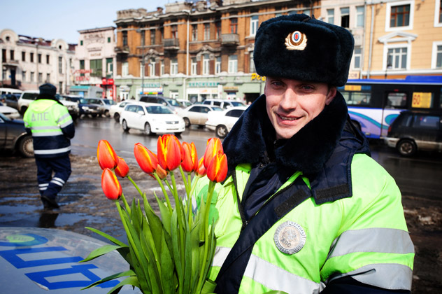 A Russian traffic policeman at work during International Women's Day. Source: ITAR-TASS