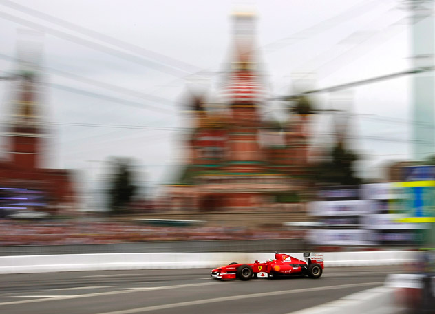 Ferrari F1 driver Giancarlo Fisichella of Italy drives during the Moscow City Racing 2012, with Saint Basil's Cathedral in background, along the Kremlin, in Moscow, Russia, Sunday, July 15, 2012. The third Moscow City Racing show featuring Formula 1 race cars piloted by the leading teams, McLaren, Mercedes and F1 Ream Marusia took place Sunday in the very heart of the Russian capital. Source: AP