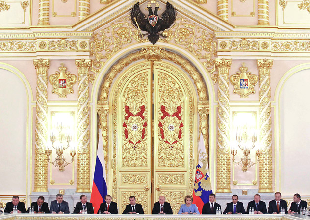 Russia's President Vladimir Putin (centre right) and Prime Minister Dmitry Medvedev (centre left) attend the State Council's meeting in the Kremlin on July 17, 2012. Source: RIA Novosti / Ekaterina Shtukina