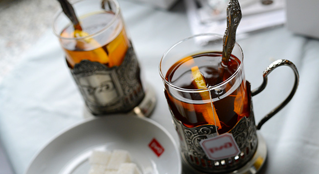 Tea in 'podstakannik' cup holder: Russian train travel tradition. Photo credit: Lori/Legion-Media