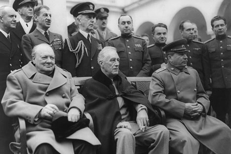 Yalta Conference in February 1945 with (from left to right) Winston Churchill, Franklin D. Roosevelt and Joseph Stalin. /U.S. Signal Corps/Library of Congress , Franklin D. Roosevelt Library & Museum