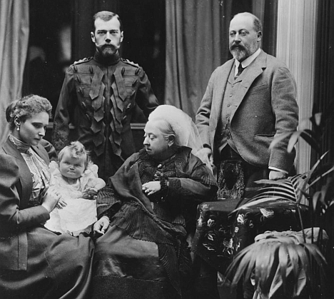 European union: Clockwise from top, Tsar Nicholas II, Edward, Prince of Wales, Queen Victoria and Alexandra Feodorovna (with nine-month-old daughter Olga) at Balmoral in 1896. Source: Getty Images