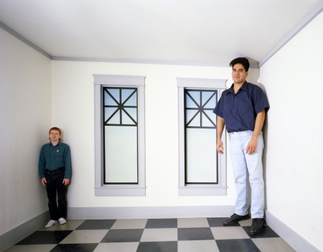An Ames room, which creates an optical illusion using checked patterns on the floor and walls. Source: Getty Images / Fotobank