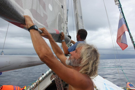 Russian crew sails around the world on a catamaran 