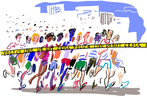 Boston blast: Miles to go after the marathon. Drawing by Alexei Yorsh