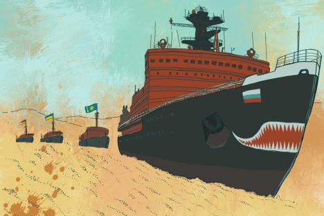 Lavrov explains the country’s foreign policy philosophy. Drawing by Natalia Mikhaylenko