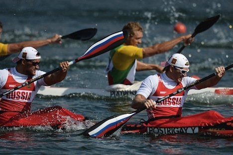 Russia's Yury Postrigay, right, and Alexander Dyachenko, paddle in kayak doubles 200m final at the 30th Olympic Games in London. Source: RIA Novosti / Alexei Kudenko