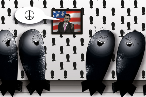 American idealist in Europe: Obama’s nuclear talk. Drawing by Niyaz Karim
