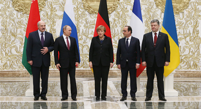 The meeting of the French, German, Russian and Ukrainian leaders in the Belarusian capital Minsk. Source: Kontantin Zavrazhin / RG