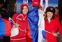 Tatiana and her friend Ina cheer the Russian team during the 2011 Rugby World Cup, at the Russian Club in Auckland